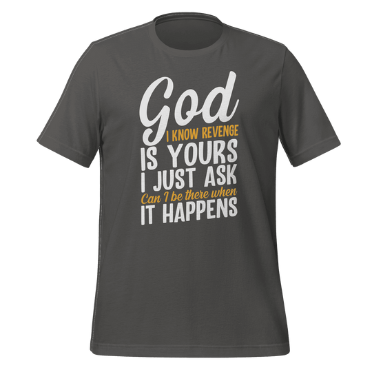 Gray t-shirt with humorous text design on a green background