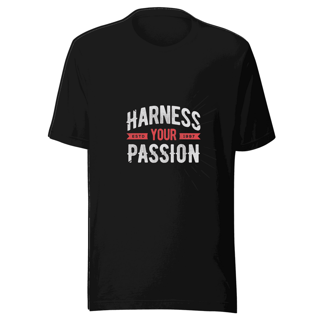 Black t-shirt with 'Harness Your Passion' text on a transparent background