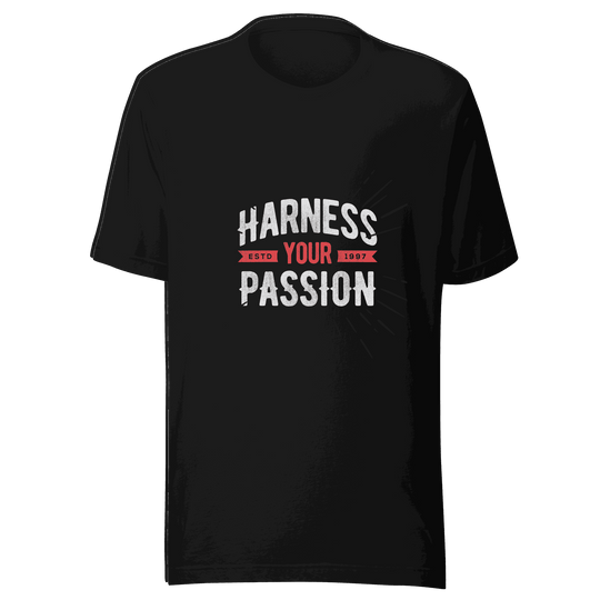 Black t-shirt with 'Harness Your Passion' text on a transparent background