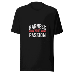 Black t-shirt with 'Harness Your Passion' text on a transparent background
