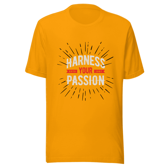 Yellow t-shirt with 'Harness Your Passion' text on a transparent background
