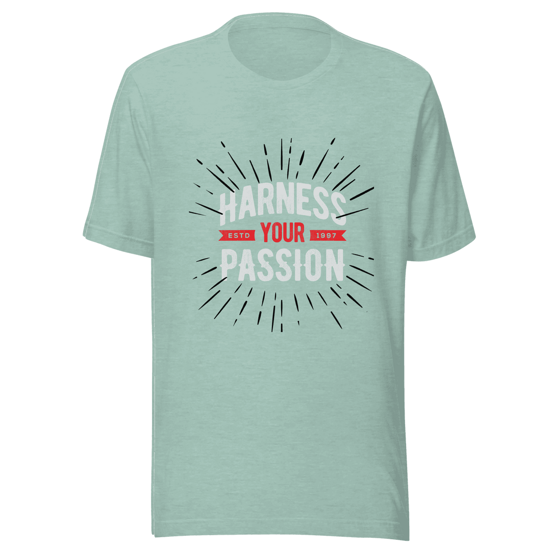 Mint green t-shirt with 'Harness Your Passion' text design on a transparent background
