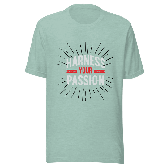Mint green t-shirt with 'Harness Your Passion' text design on a transparent background