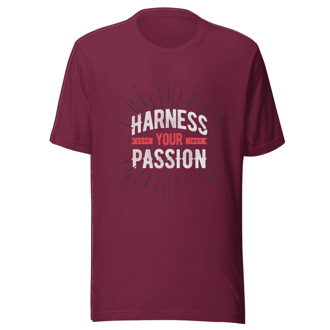 Maroon t-shirt with 'Harness Your Passion' text on a green background