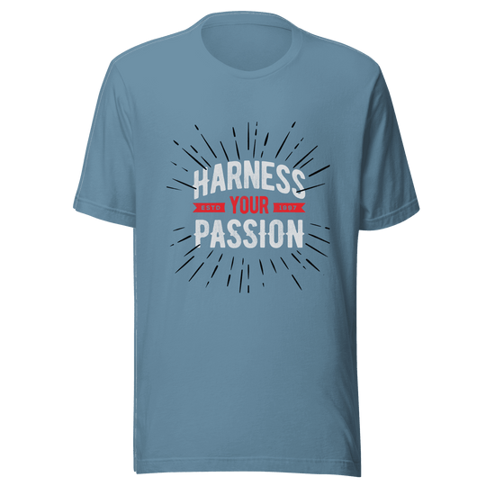 Blue t-shirt with 'Harness Your Passion' text on a green background