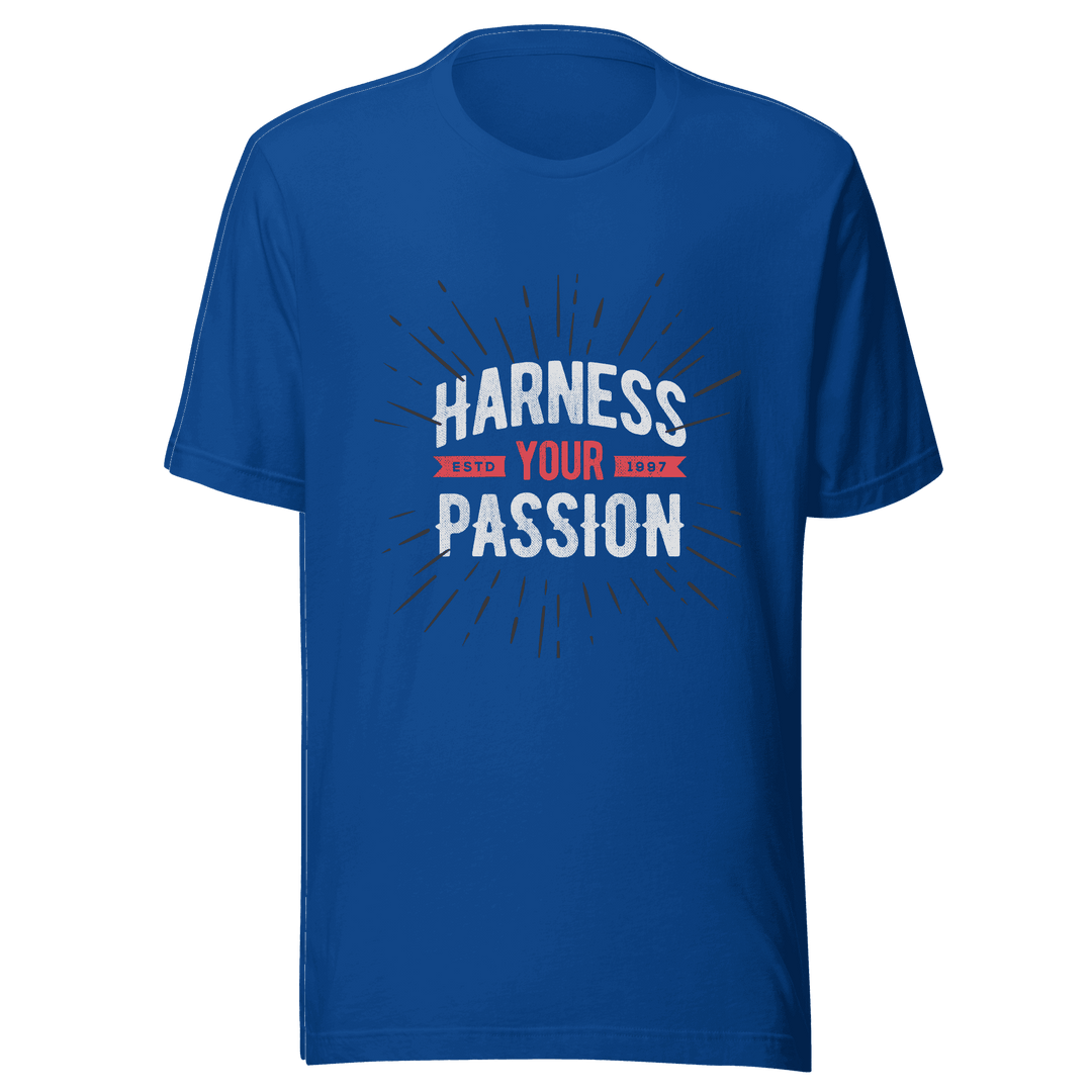 Blue t-shirt with 'Harness Your Passion' text on a transparent background