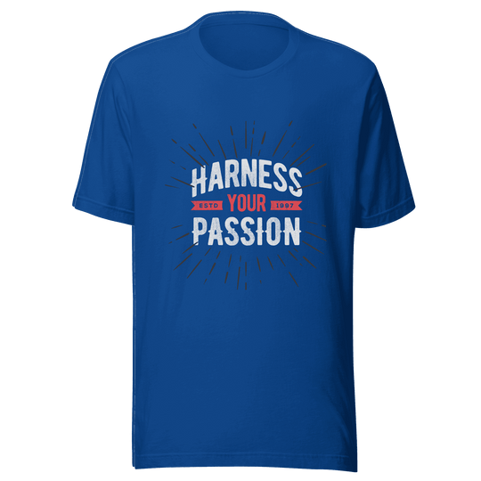 Blue t-shirt with 'Harness Your Passion' text on a transparent background