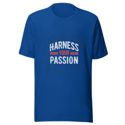 Blue t-shirt with 'Harness Your Passion' text on a transparent background