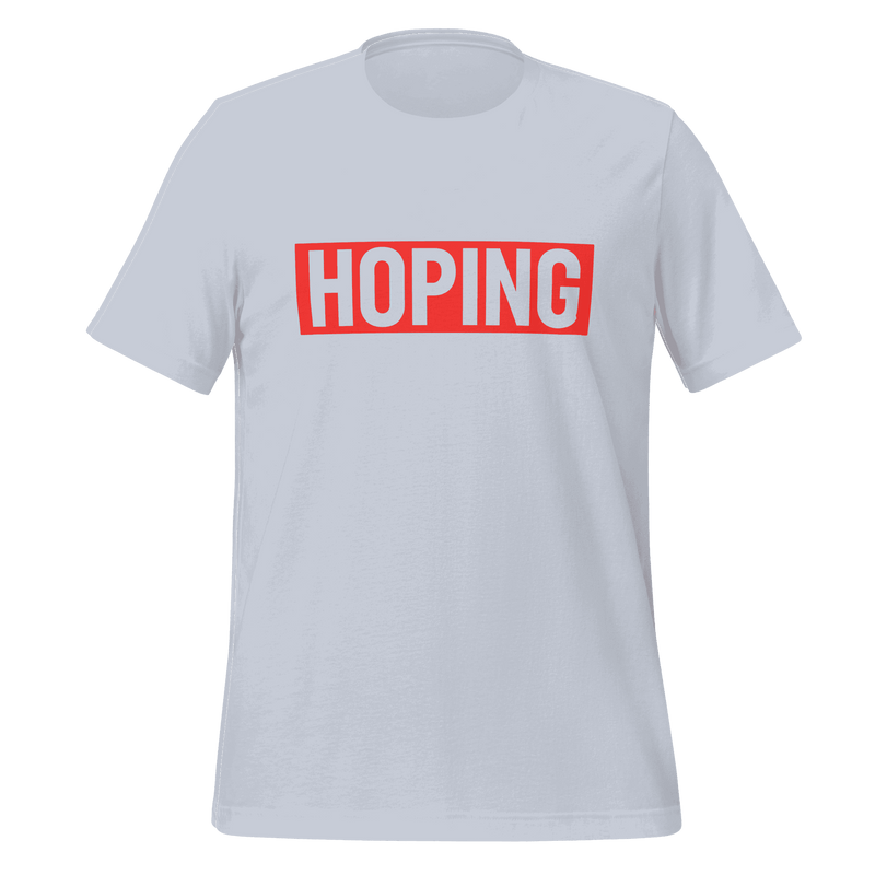 White t-shirt with 'HOPING' printed in red and white on a green background