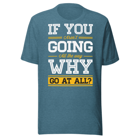 Blue t-shirt with motivational quote on a green background