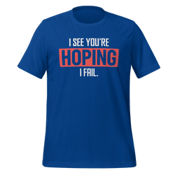 Blue t-shirt with humorous text design on a transparent background