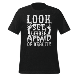 Black t-shirt with white text and graphic design on a transparent background
