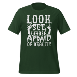 Green t-shirt with white text and graphic design on a green background