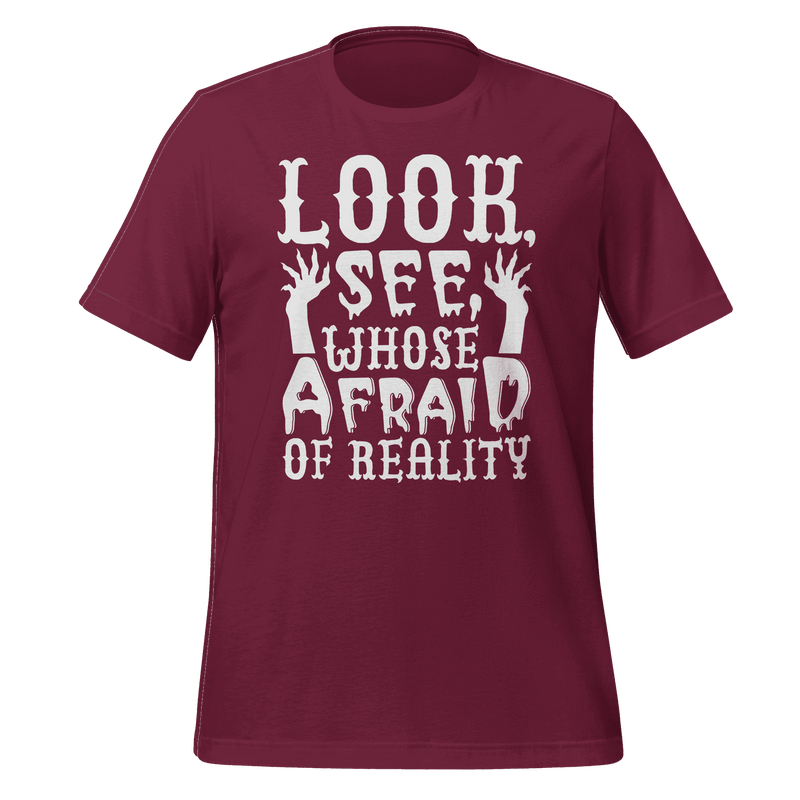 Maroon t-shirt with white text and graphic design on a transparent background