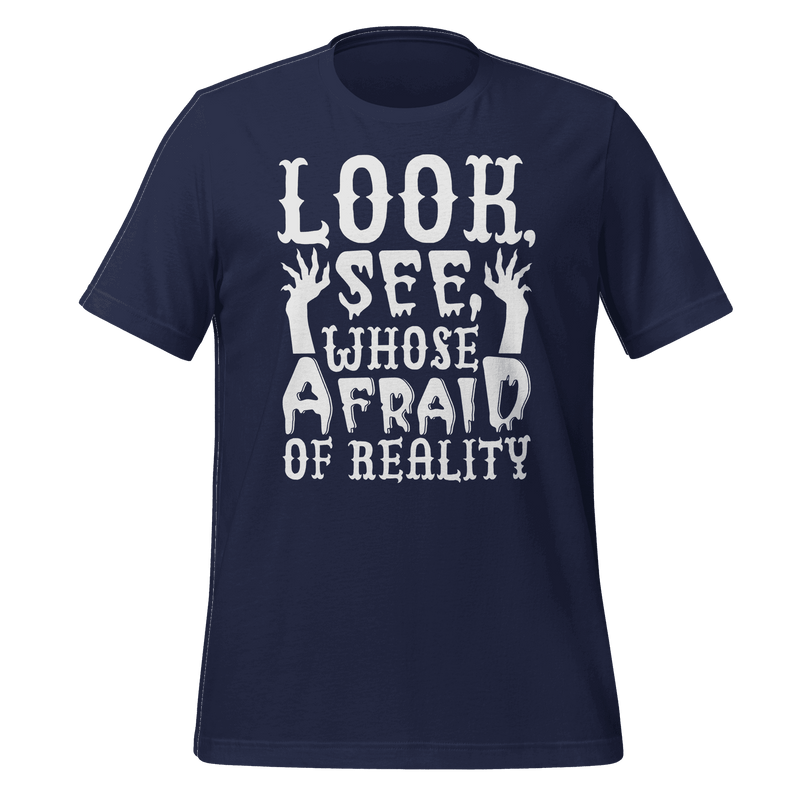 Navy blue t-shirt with white text and graphic design on a transparent background