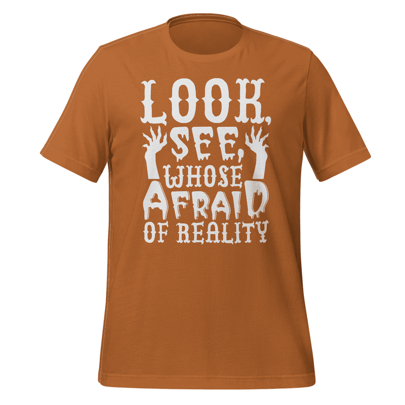Brown t-shirt with white text and graphic design on a green background