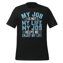 Black t-shirt with blue and white text on a green background