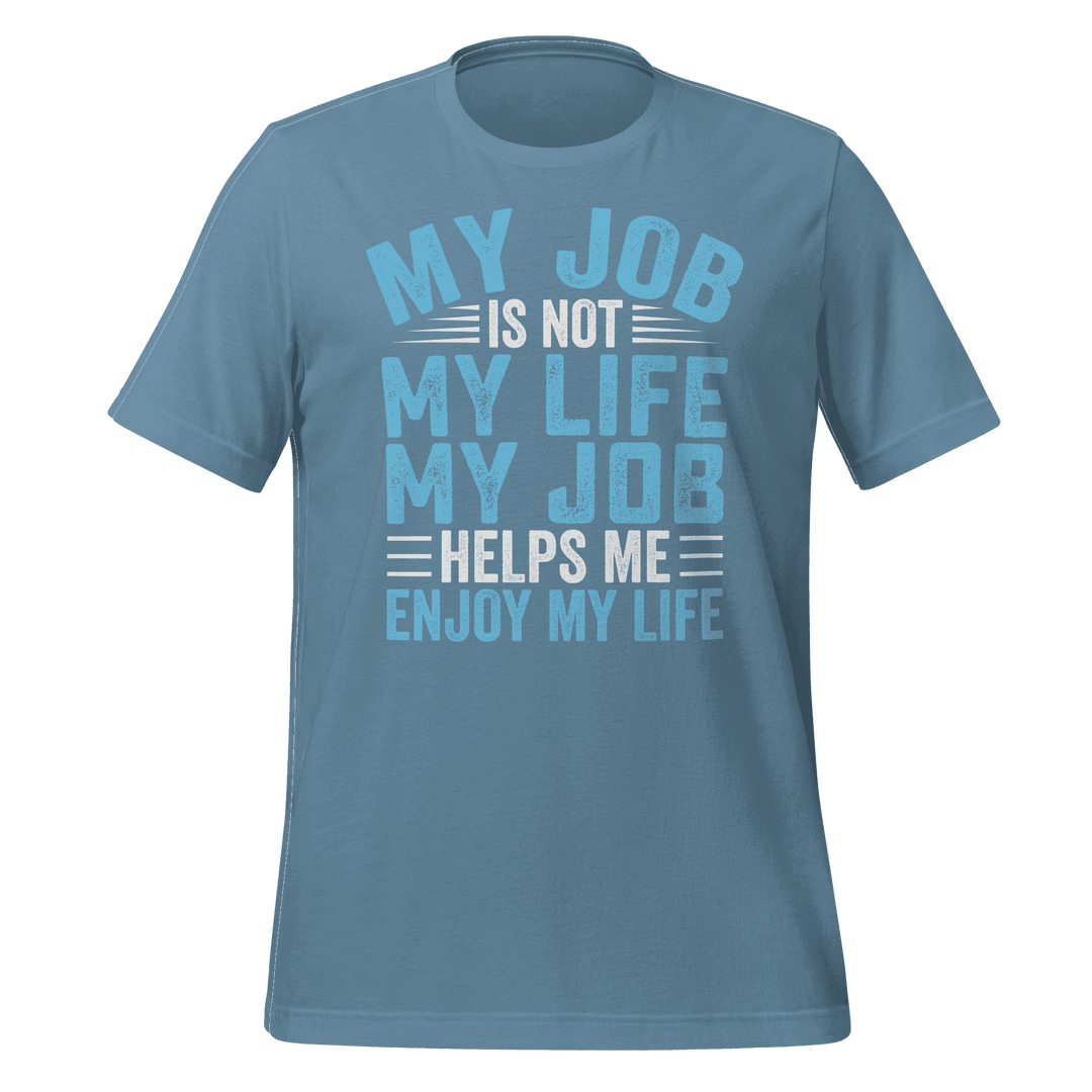 Blue t-shirt with motivational text on a green background