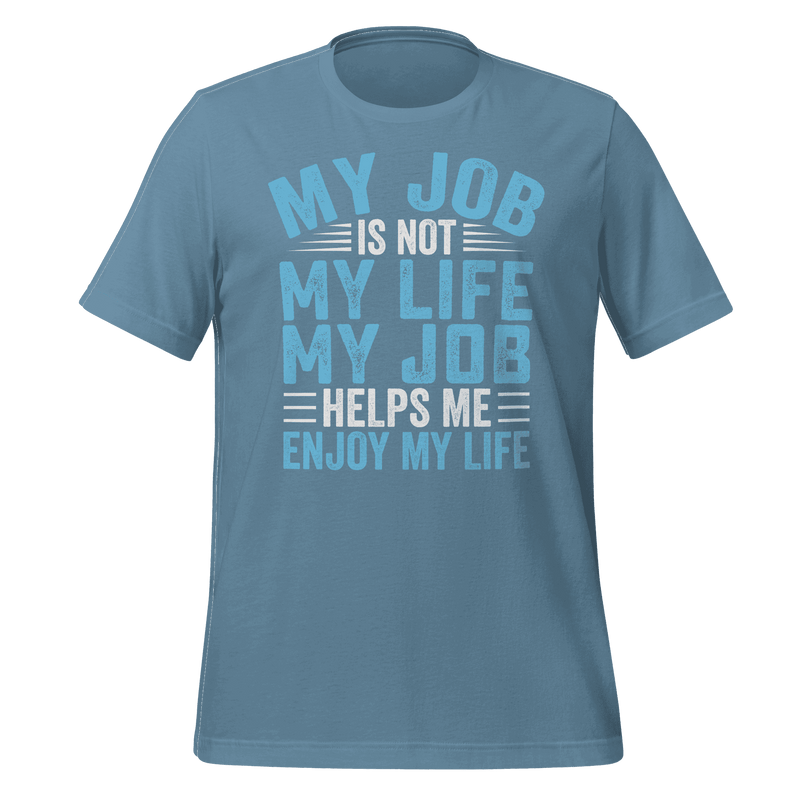 Blue t-shirt with motivational text on a green background