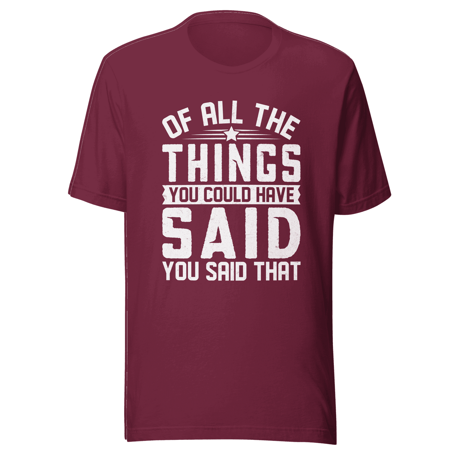 Maroon t-shirt with white text on a transparent background