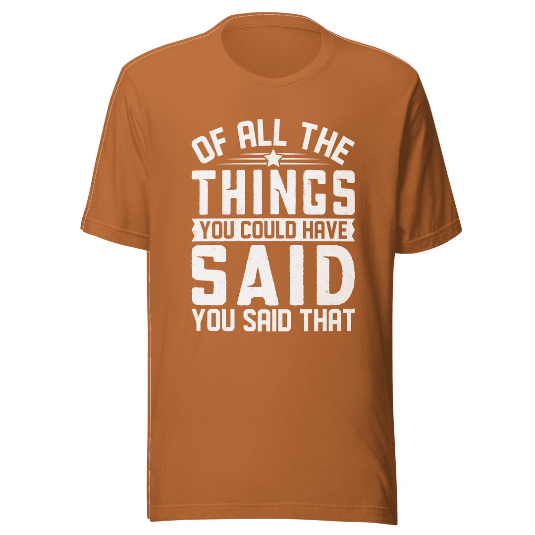 Brown t-shirt with white text on a transparent background