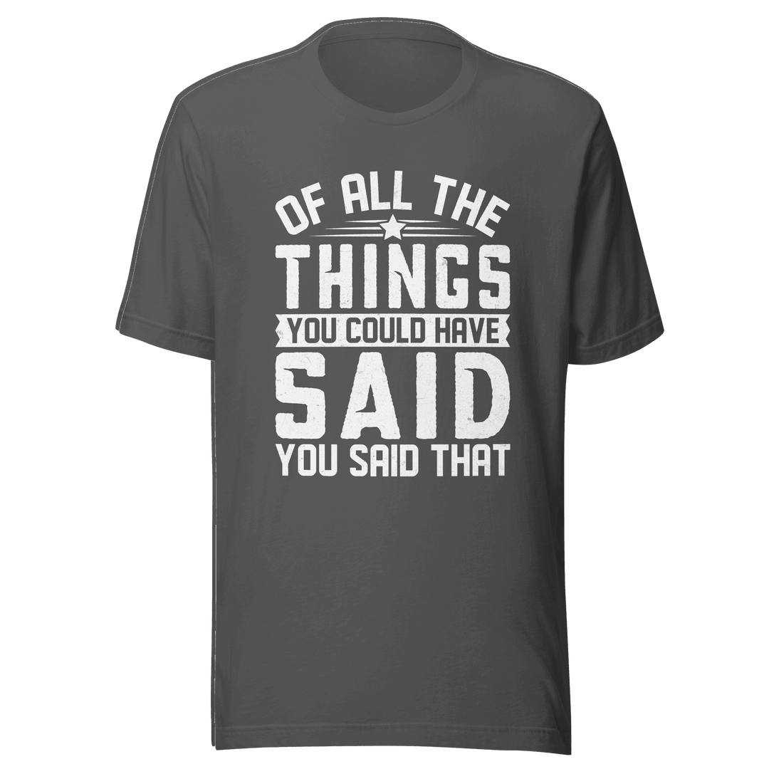 Gray t-shirt with white text on a green background