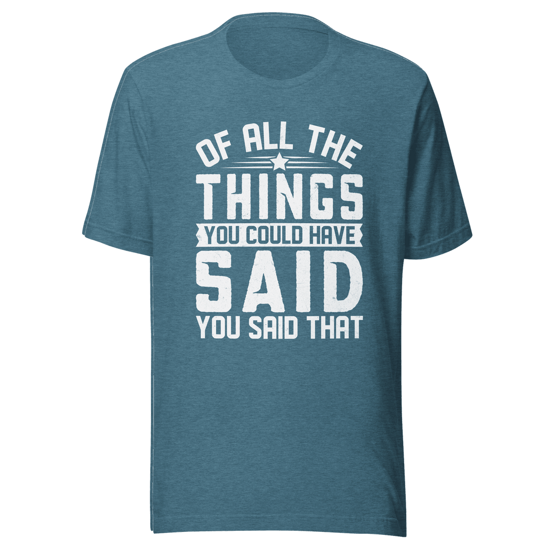 Blue t-shirt with white text on a green background