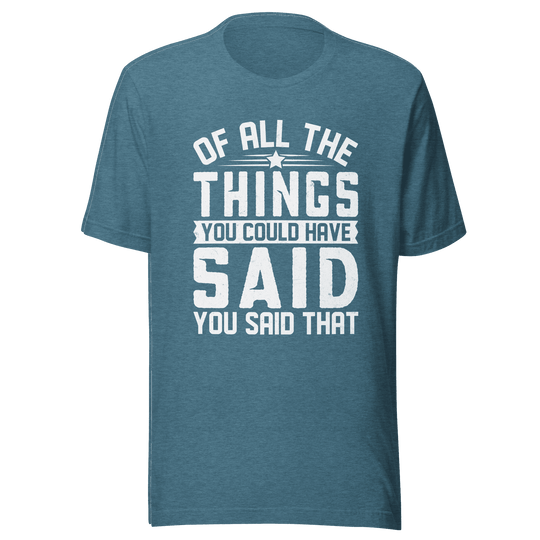 Blue t-shirt with white text on a green background