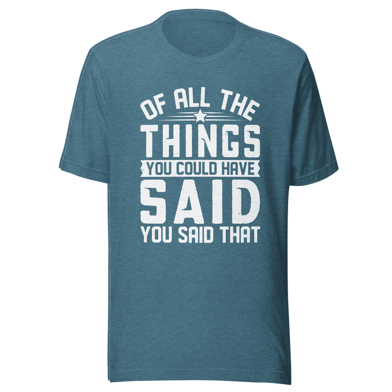 Blue t-shirt with white text on a green background