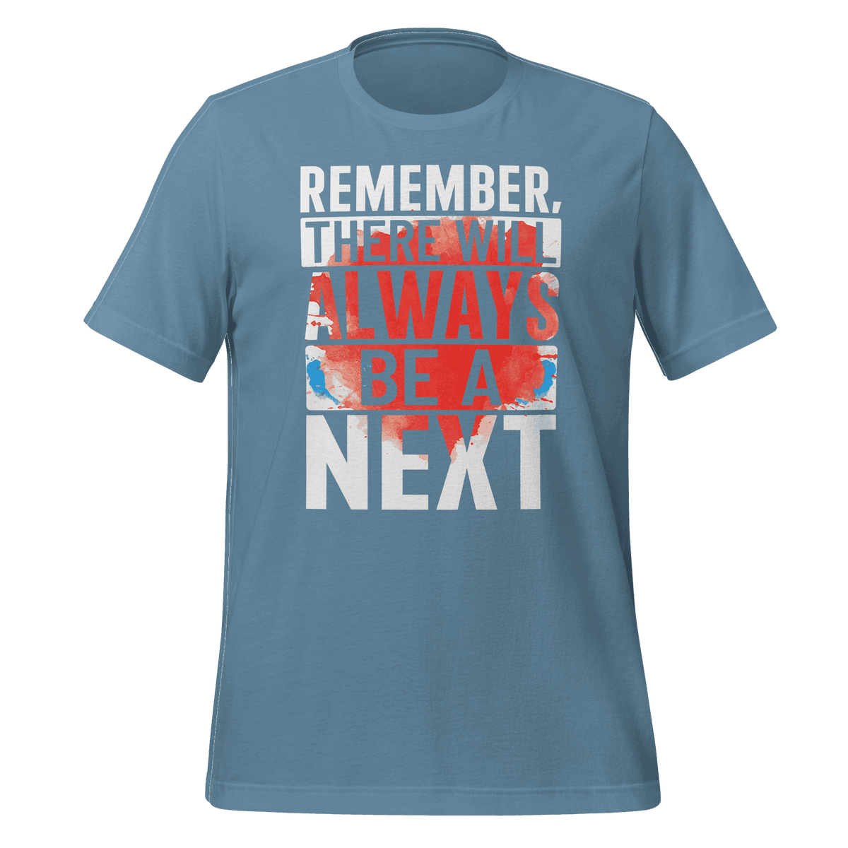 Blue t-shirt with motivational quote on a green background
