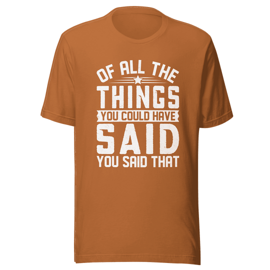Brown t-shirt with white text on a green background