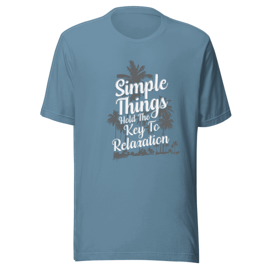 Blue t-shirt with text and palm tree graphics on a green background