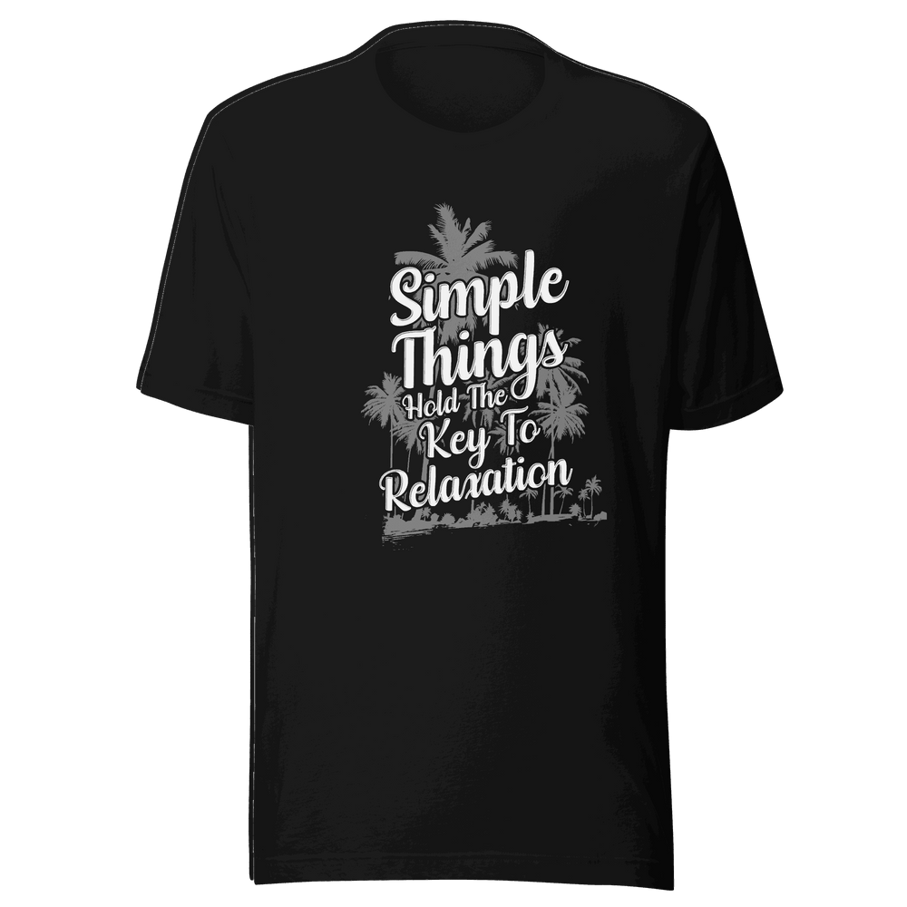 Black t-shirt with white text and palm tree design on a transparent background