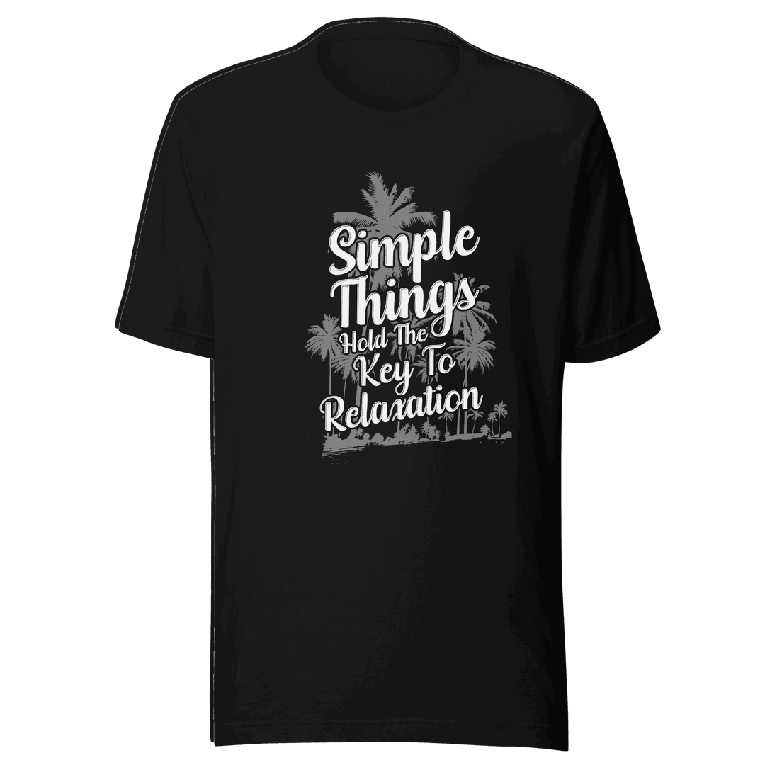 Black t-shirt with white text and palm tree design on a transparent background