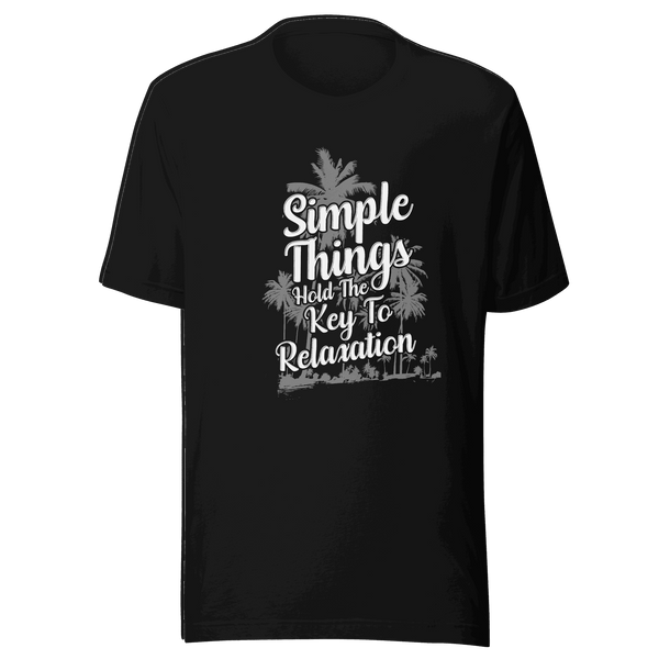 Black t-shirt with white text and palm tree design on a transparent background