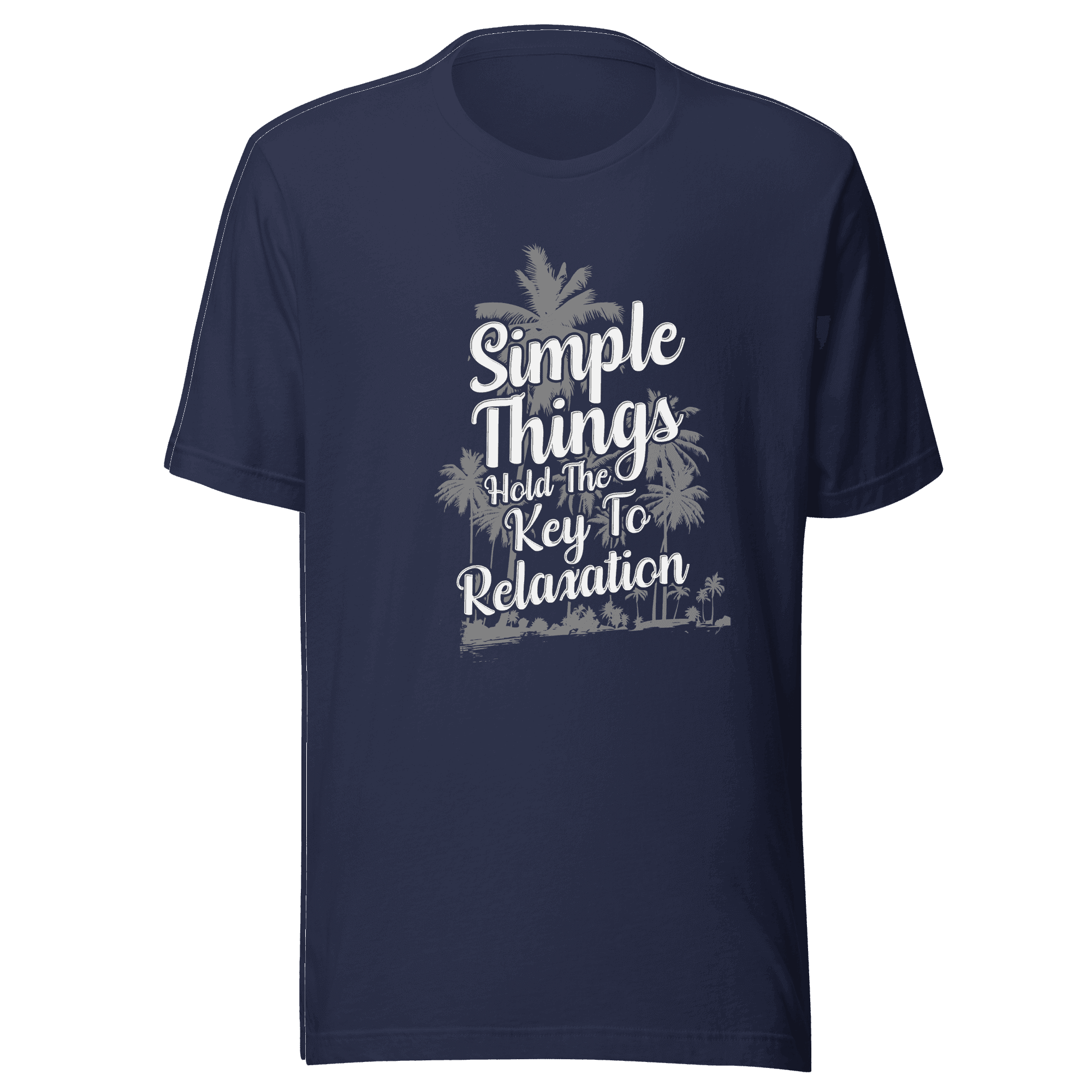 Navy blue t-shirt with white text and palm tree graphics on a transparent background