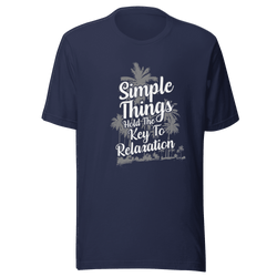 Navy blue t-shirt with white text and palm tree graphics on a transparent background