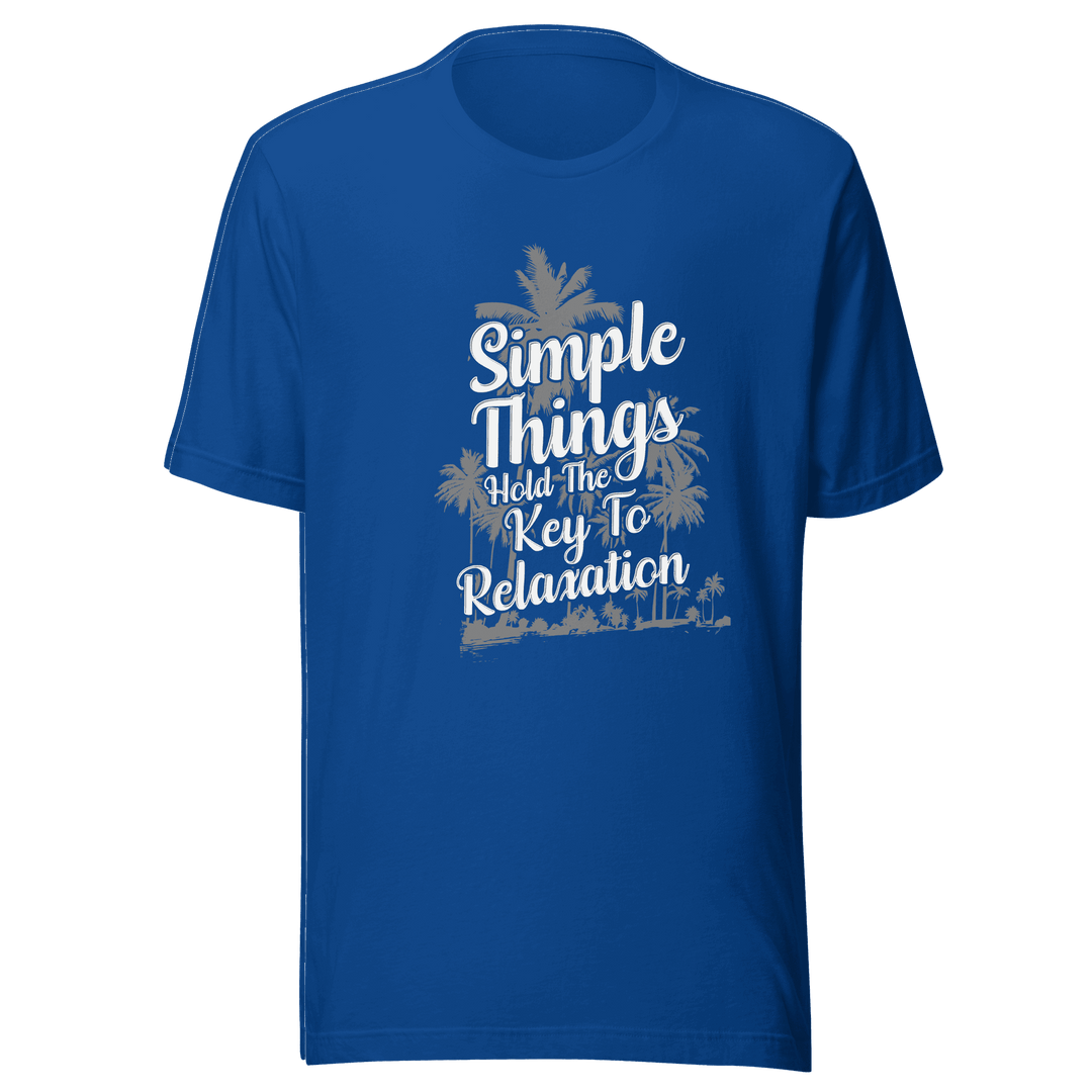 Blue t-shirt with white text and palm tree graphics on a transparent background