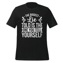 Black t-shirt with white motivational quote on a green background