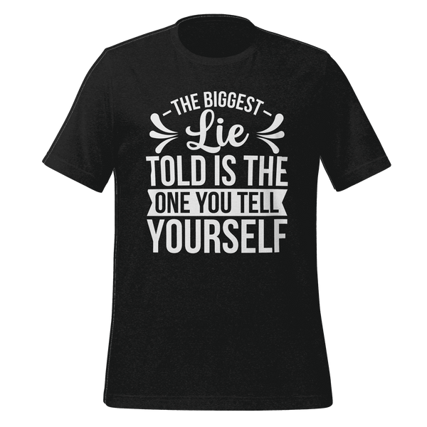 Black t-shirt with white motivational quote on a green background