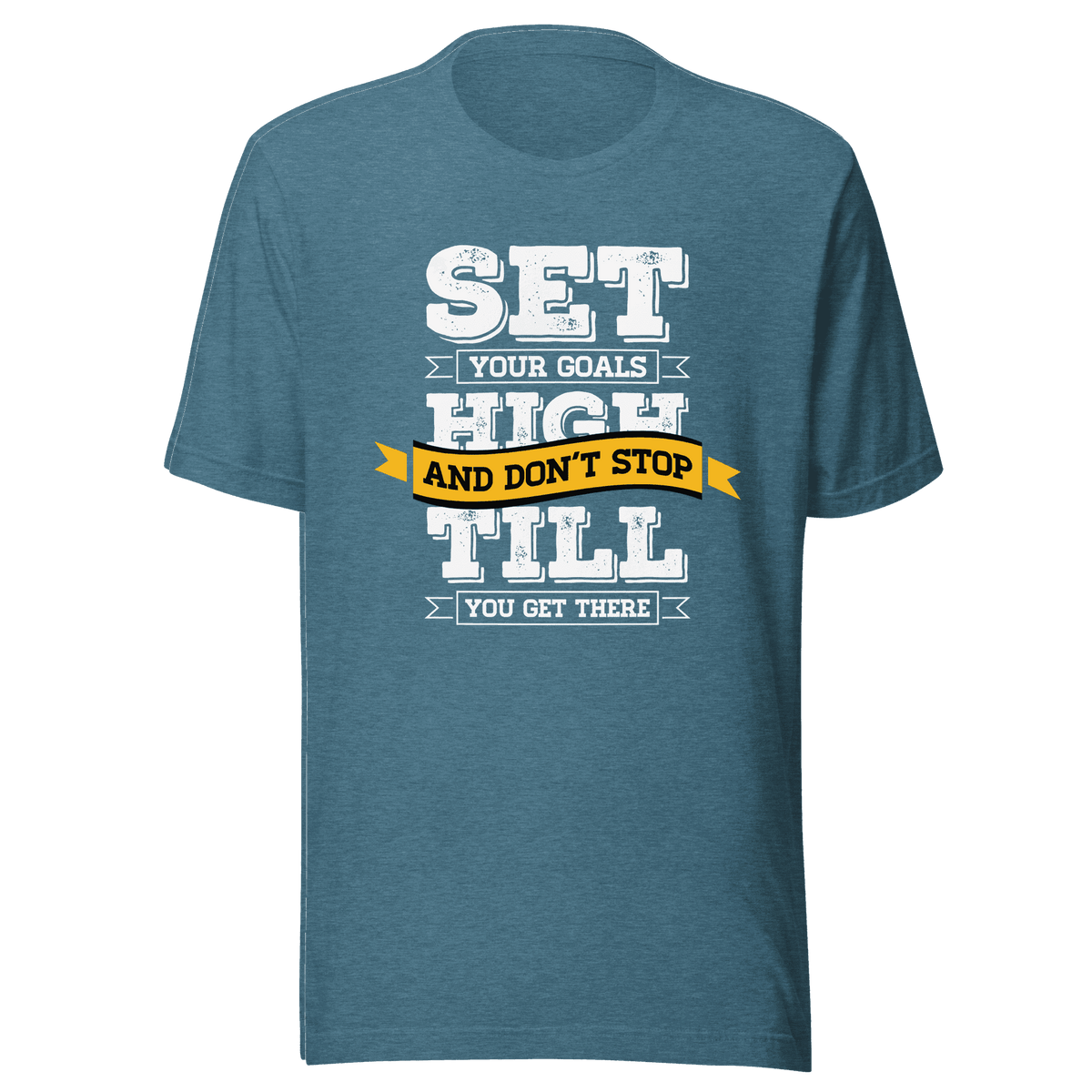 Blue t-shirt with motivational quote on a green background