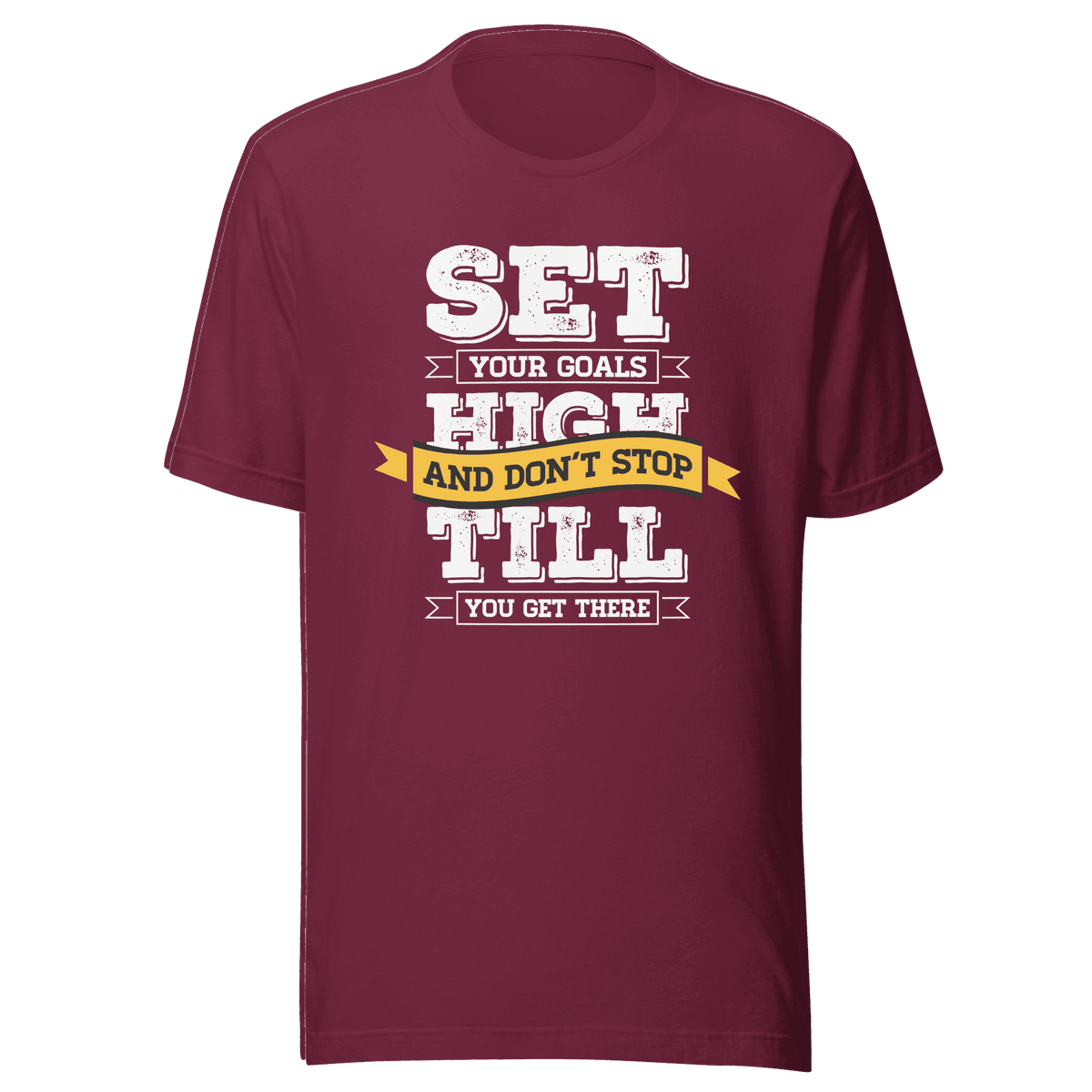 Maroon t-shirt with motivational quote on a green background