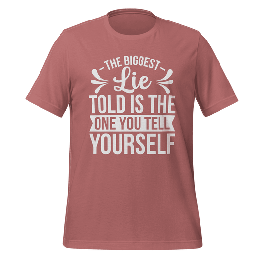 Maroon t-shirt with motivational quote on a green background