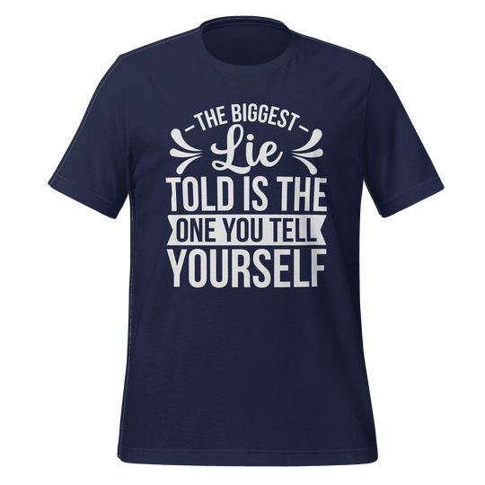Navy blue t-shirt with white motivational quote on a green background