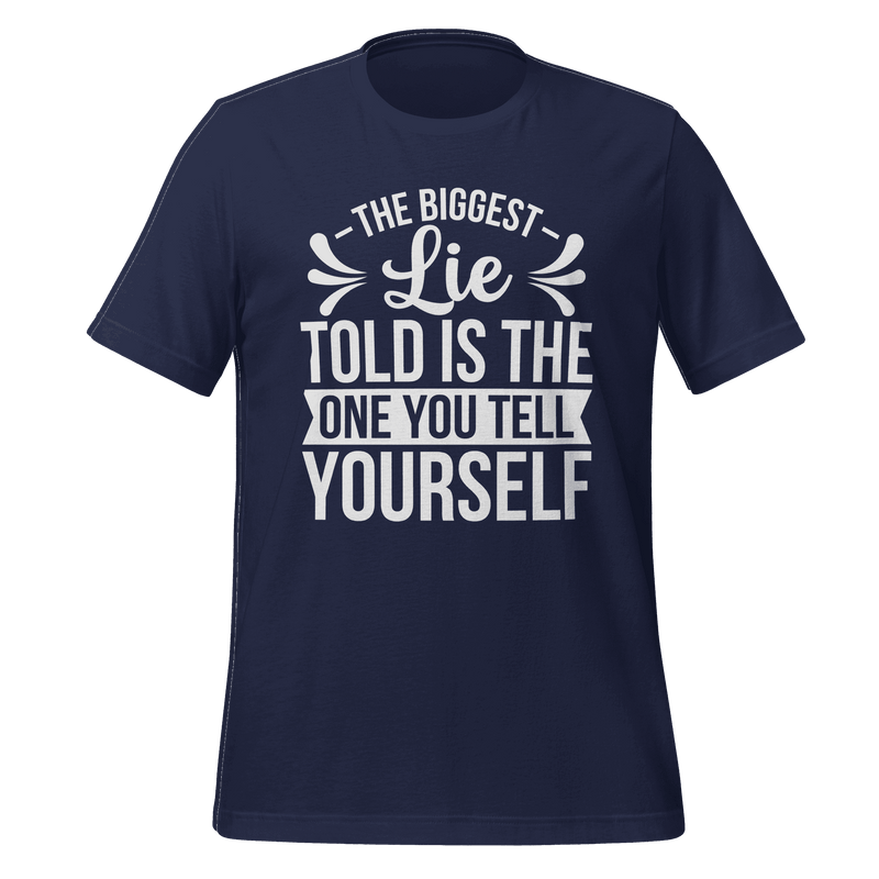 Navy blue t-shirt with white motivational quote on a green background