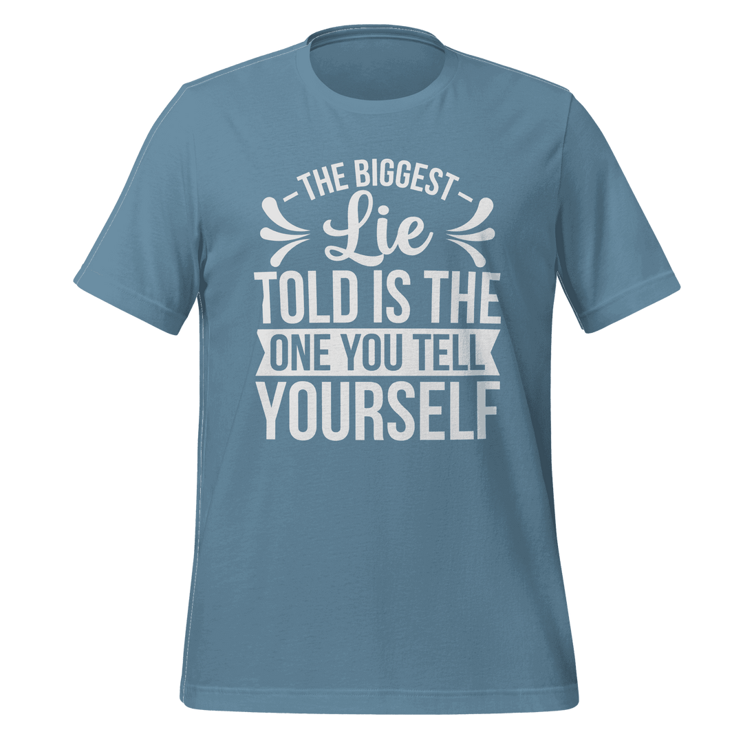 Blue t-shirt with motivational quote on a green background