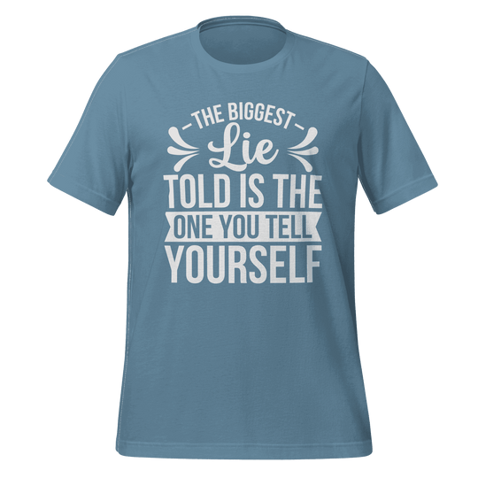 Blue t-shirt with motivational quote on a green background