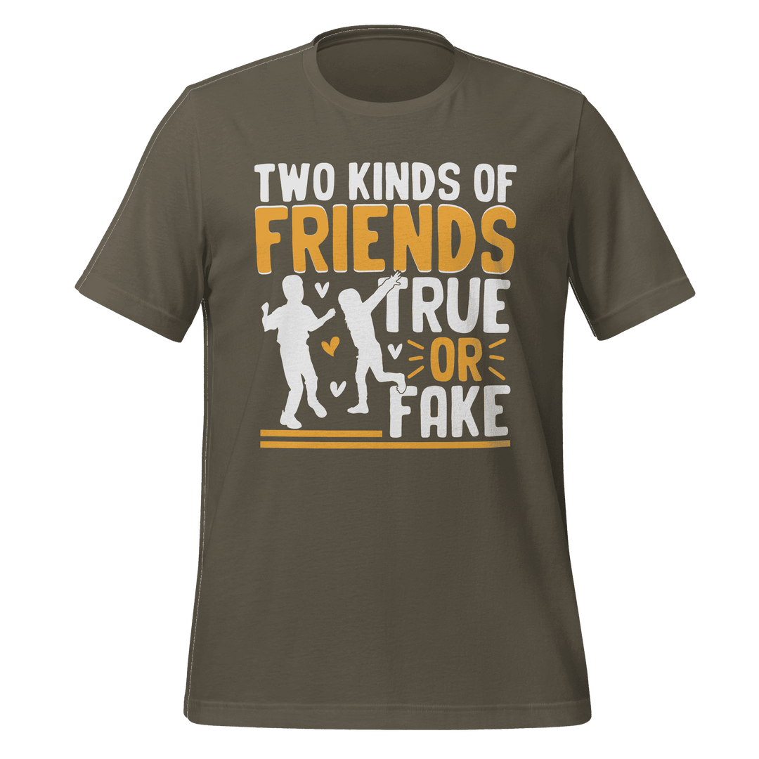 Brown t-shirt with graphic design and text on a green background