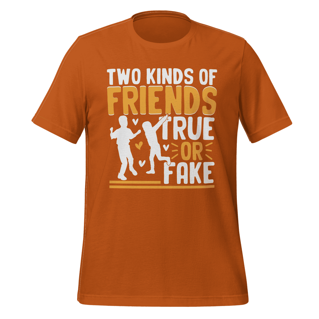 Orange t-shirt with graphic design and text on a green background
