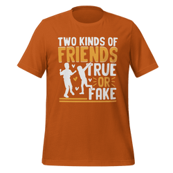 Orange t-shirt with graphic design and text on a green background